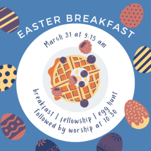 A waffle on a plate surrounded by decorated eggs
