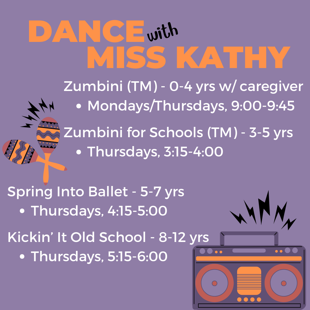 Dance with Miss Kathy surrounded by maracas and a boom box. Details below.