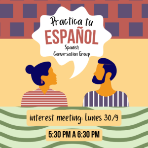 Two cartoon people with a speech bubble between them saying "practica tu español"
