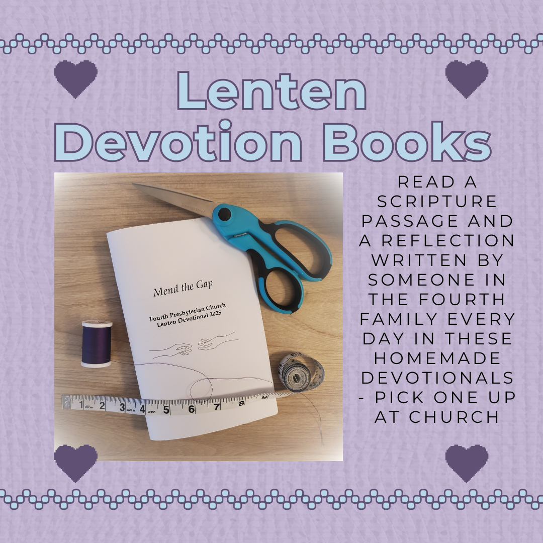 Print devotional book sitting on table with thread, scissors, and a tape measurer
