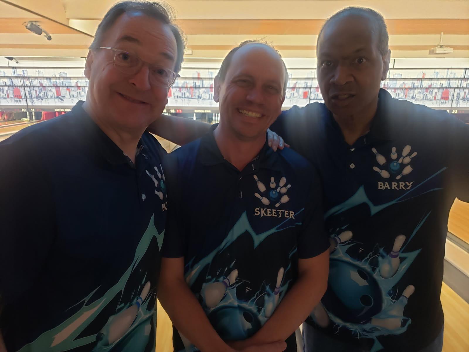 Burns, Andy, Barry at Boston Bowl in custom Fourth Church Holy Rollers shirts